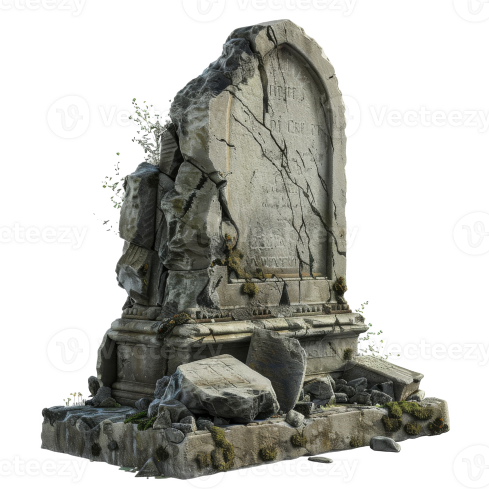 A weathered, broken, and moss-covered tombstone. png