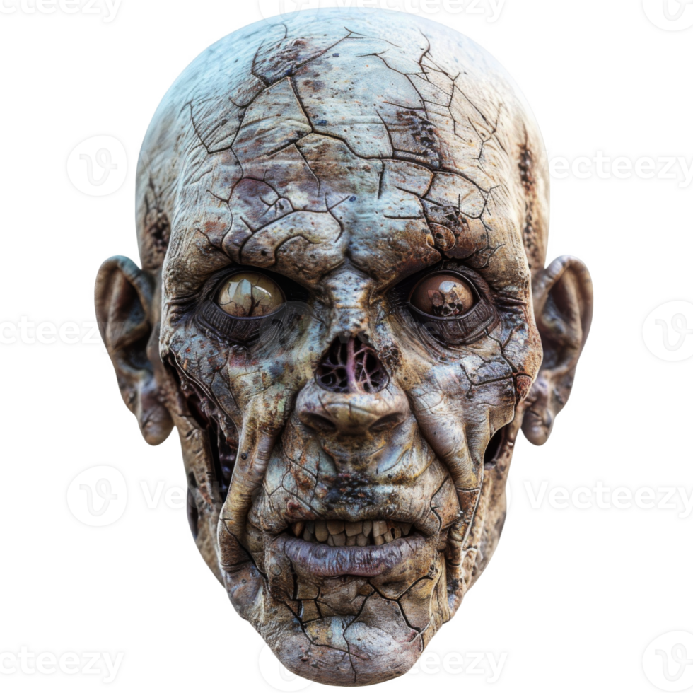 A close-up of a decayed and grotesque zombie head png