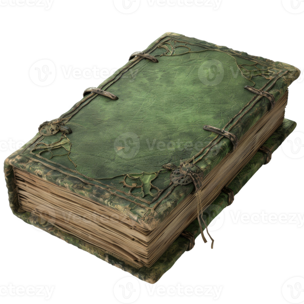 An ancient, weathered, and intricately bound book with a green cover png