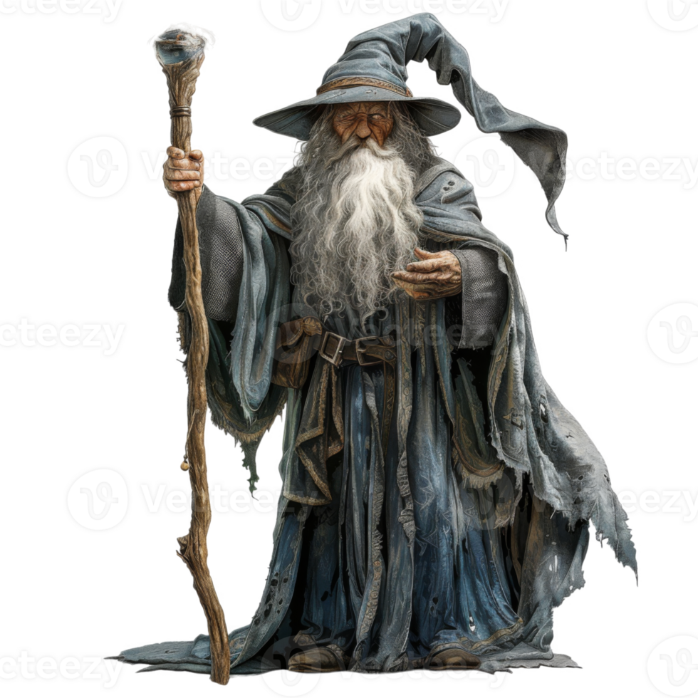 An Old Wizard with a Long White Beard and a Blue Hat Holds a Staff with a Crystal Ball png
