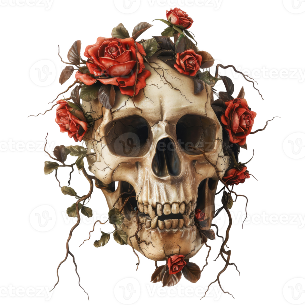 Skull Adorned with Roses and Vines png
