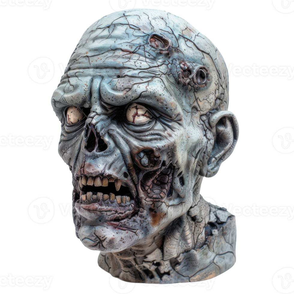Close-up of a grotesque, weathered, decaying zombie head with open mouth and exposed teeth. png