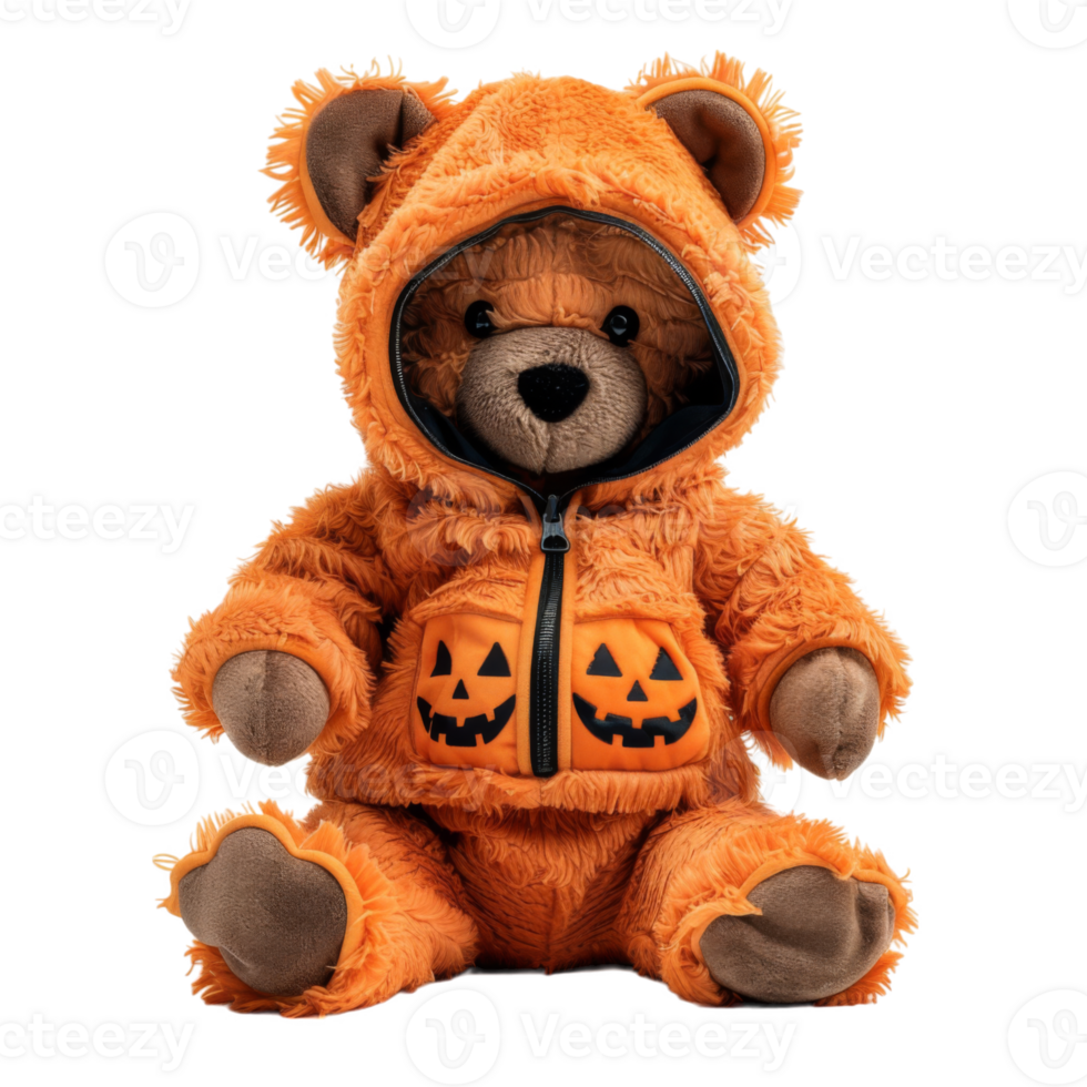 Orange Furry Teddy Bear in Pumpkin Costume png