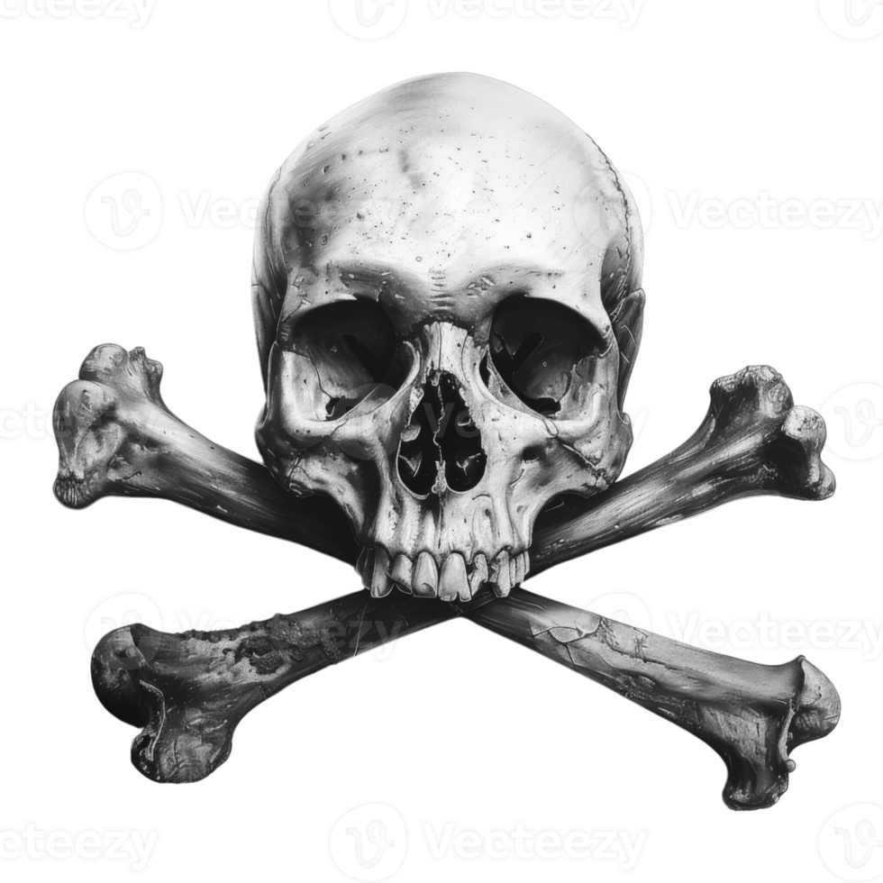 Detailed drawing of a human skull with crossed bones png