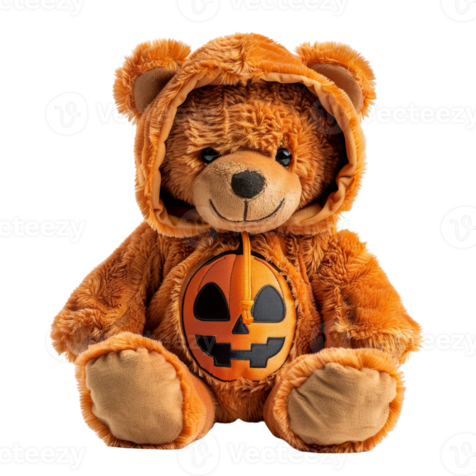 Brown Teddy Bear Dressed in a Pumpkin Costume png