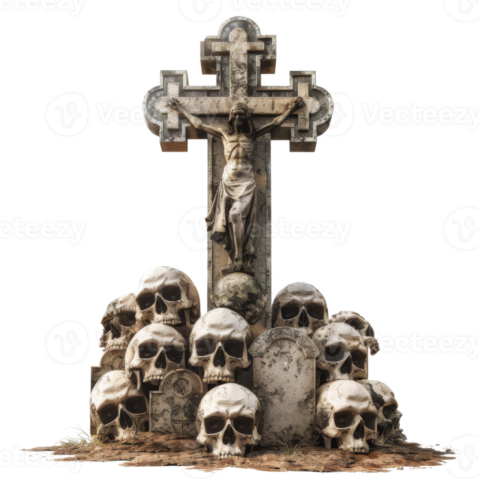 A Stone Cross with a Crucifix Above a Pile of Skulls png