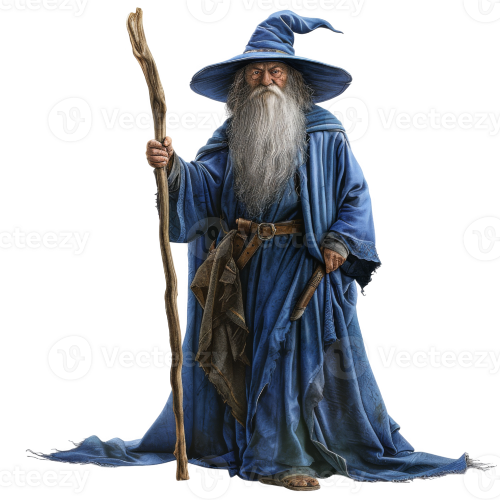 A Wise Old Wizard With a Long White Beard, a Blue Robe, and a Wooden Staff png