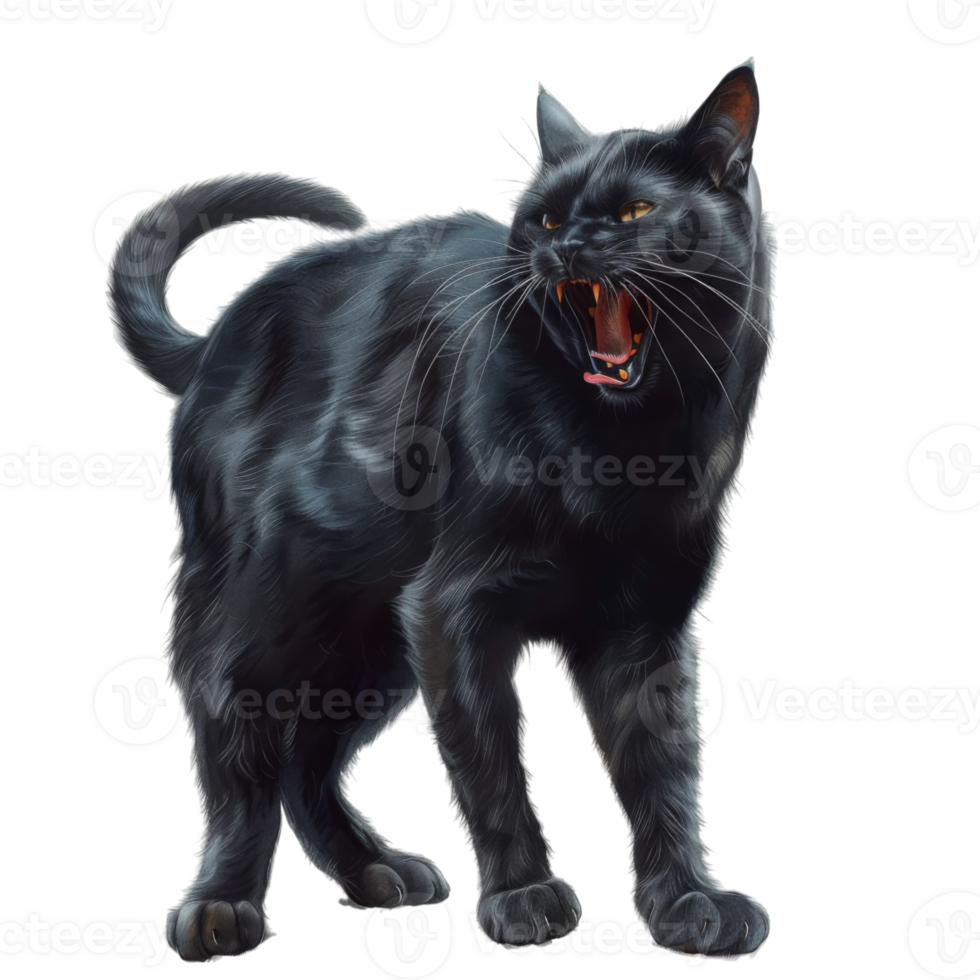A Black Cat with Fangs Bared, Standing on a Black Background png