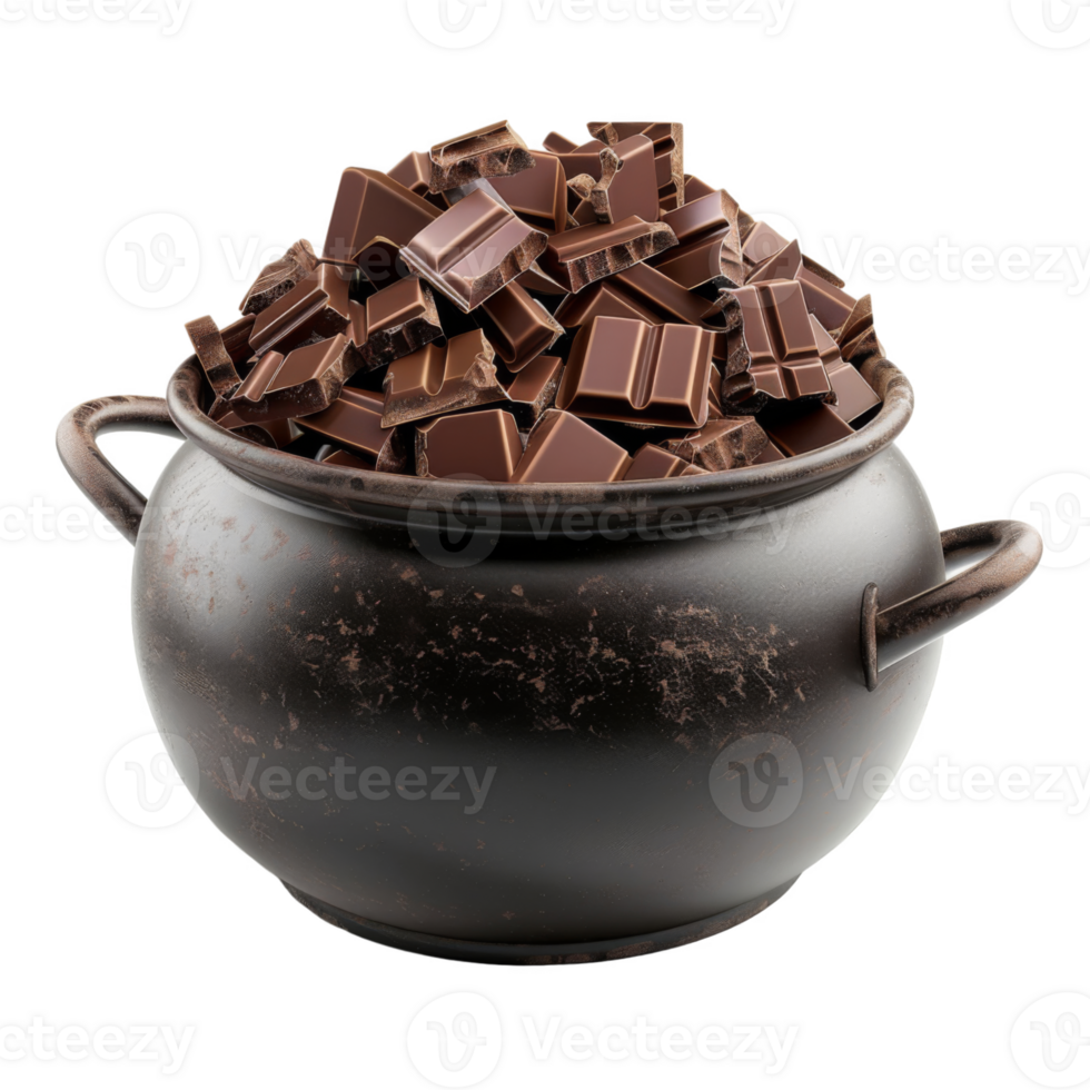A Vintage Pot Overflowing with Broken Pieces of Dark Chocolate png