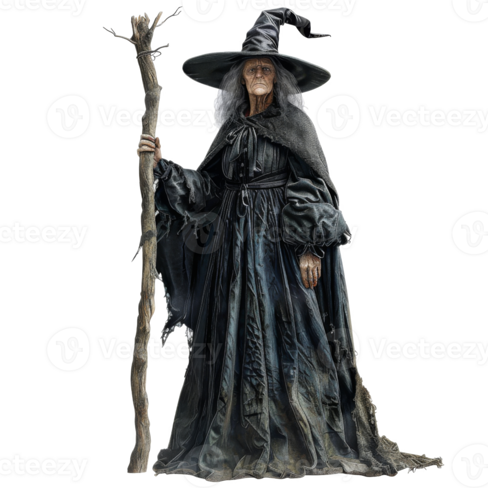 An elderly woman dressed as a witch, holding a wooden staff png