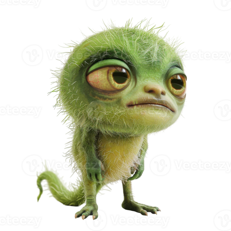 A Green, Furry Creature with Large Eyes and a Sad Expression png