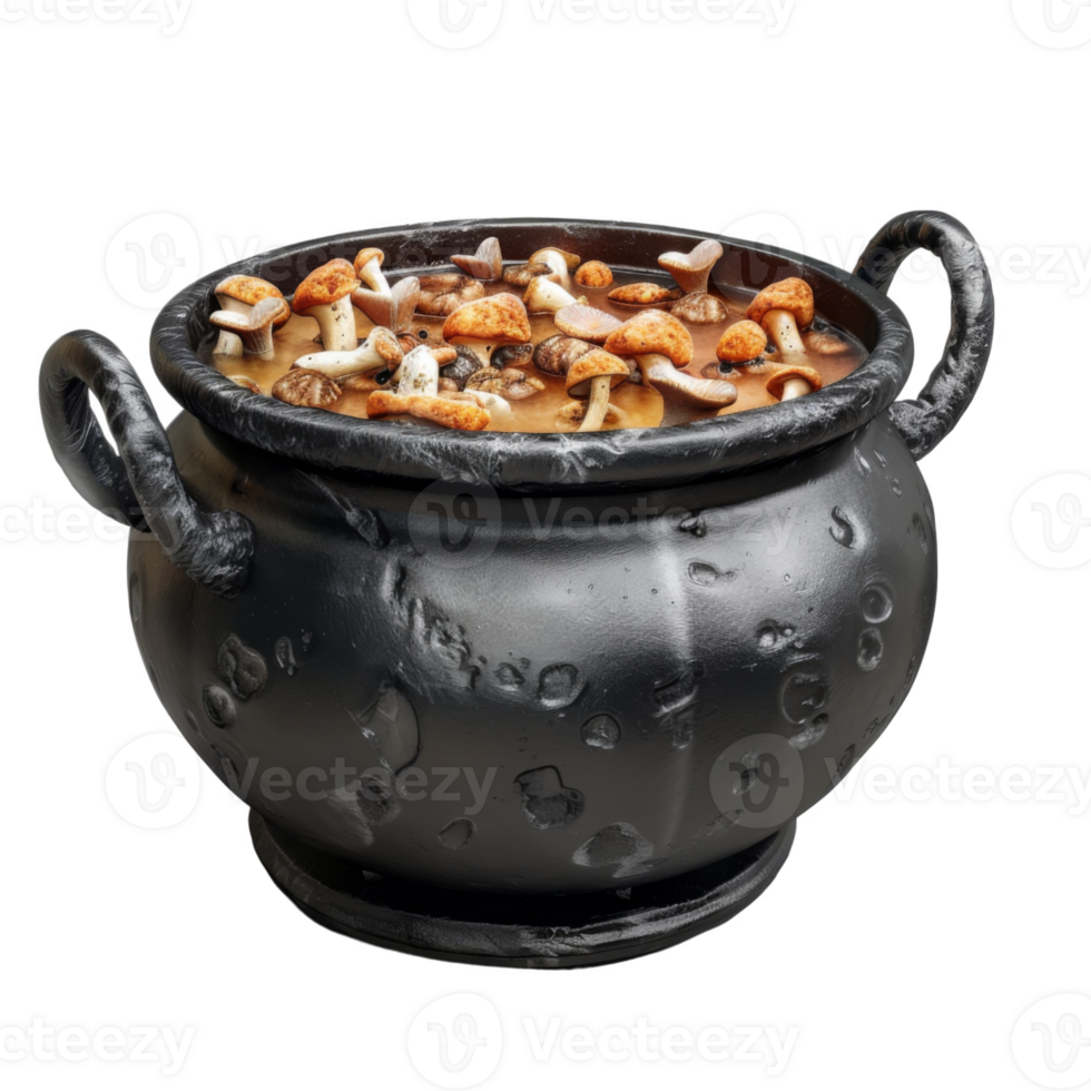 Black Cauldron Filled with Mushrooms in Broth png