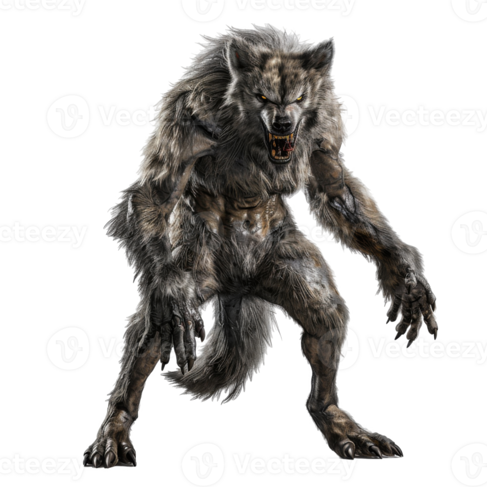 A ferocious werewolf with sharp claws and teeth, baring its fangs in a menacing growl. png