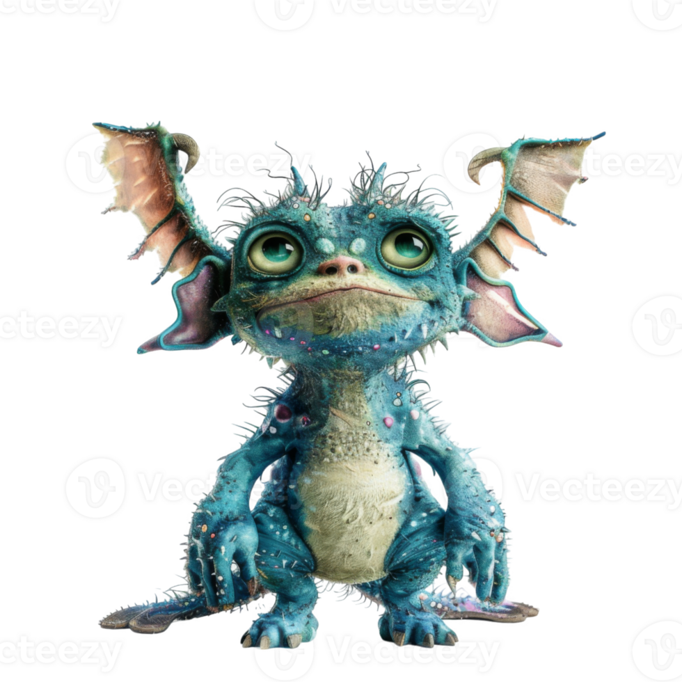 A Small, Blue, Fuzzy Creature with Wings Looking Up png