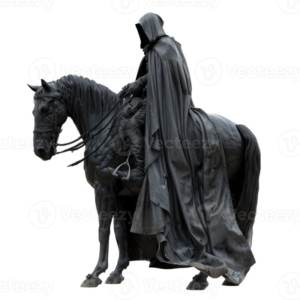 A Blackened Statue of a Hooded Rider on Horseback png