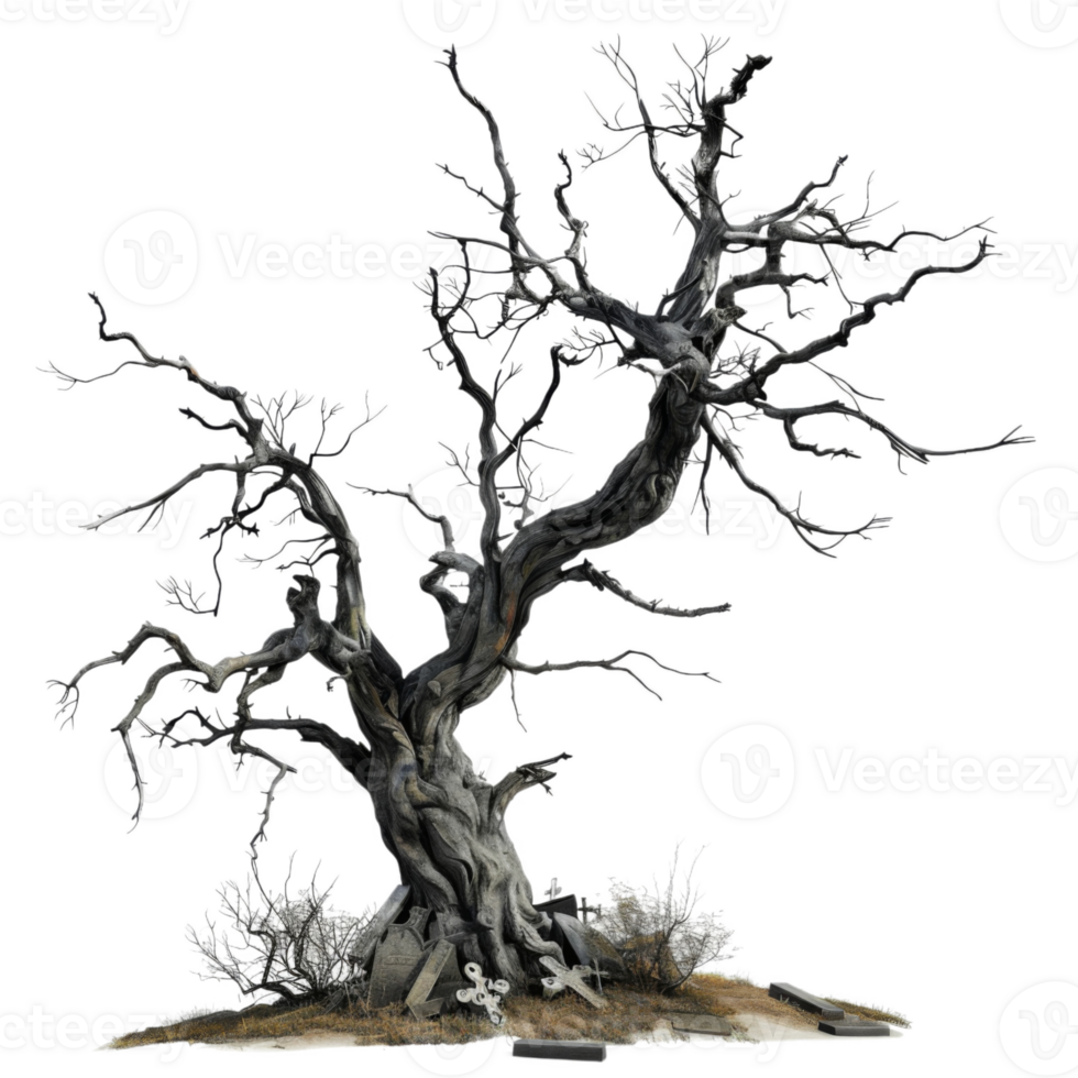 A solitary dead tree with twisted branches stands over a graveyard png