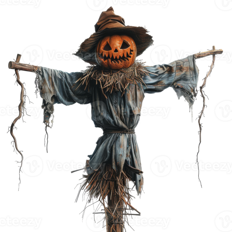 A spooky scarecrow with a carved pumpkin head and a tattered blue shirt png