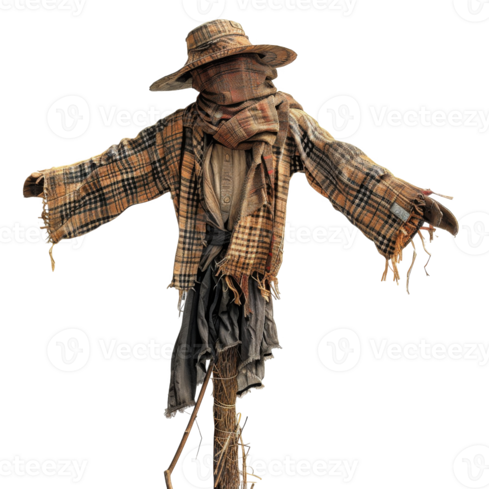 A weathered scarecrow with a plaid shirt, hat, and scarf, standing on a wooden pole. png