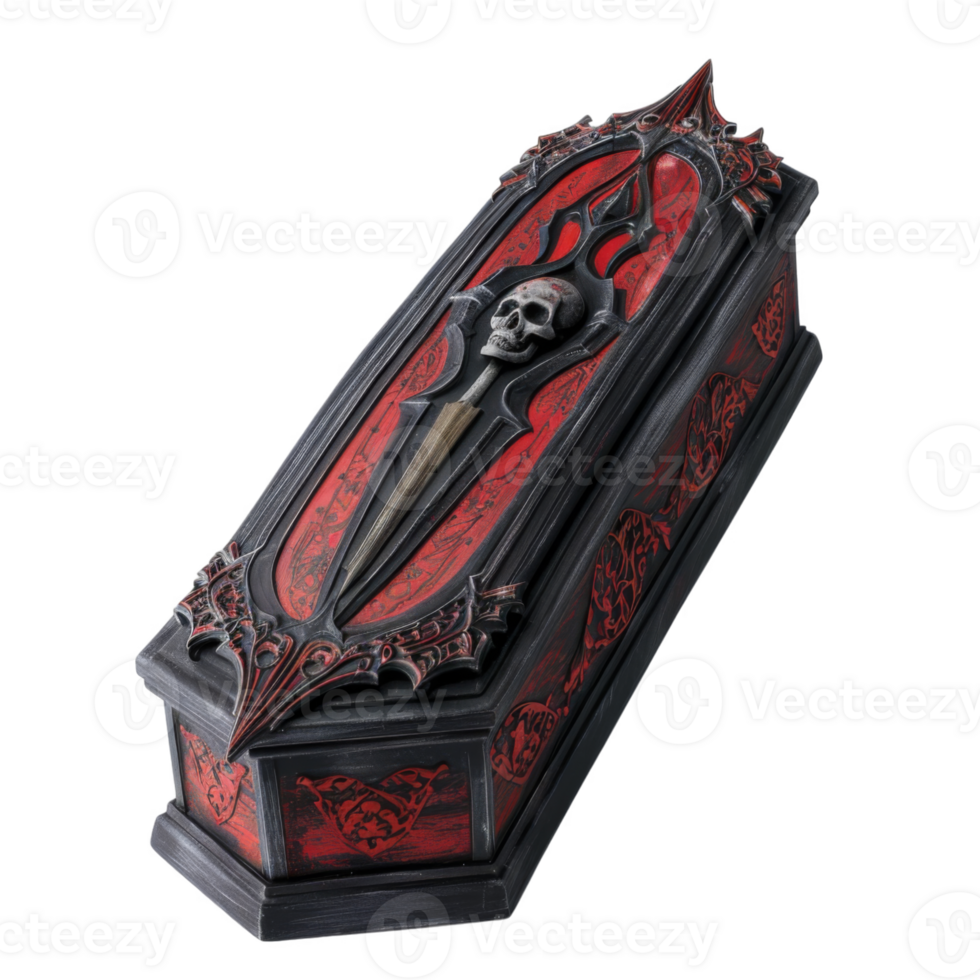 Ornate Black and Red Coffin-Shaped Box with Skull Detail png