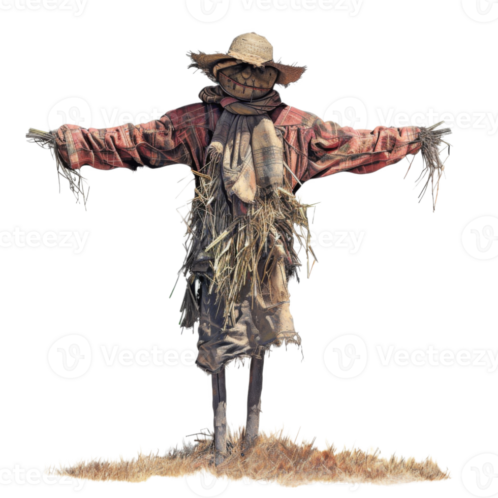 A weathered scarecrow with a plaid shirt and straw hat stands in a field. png