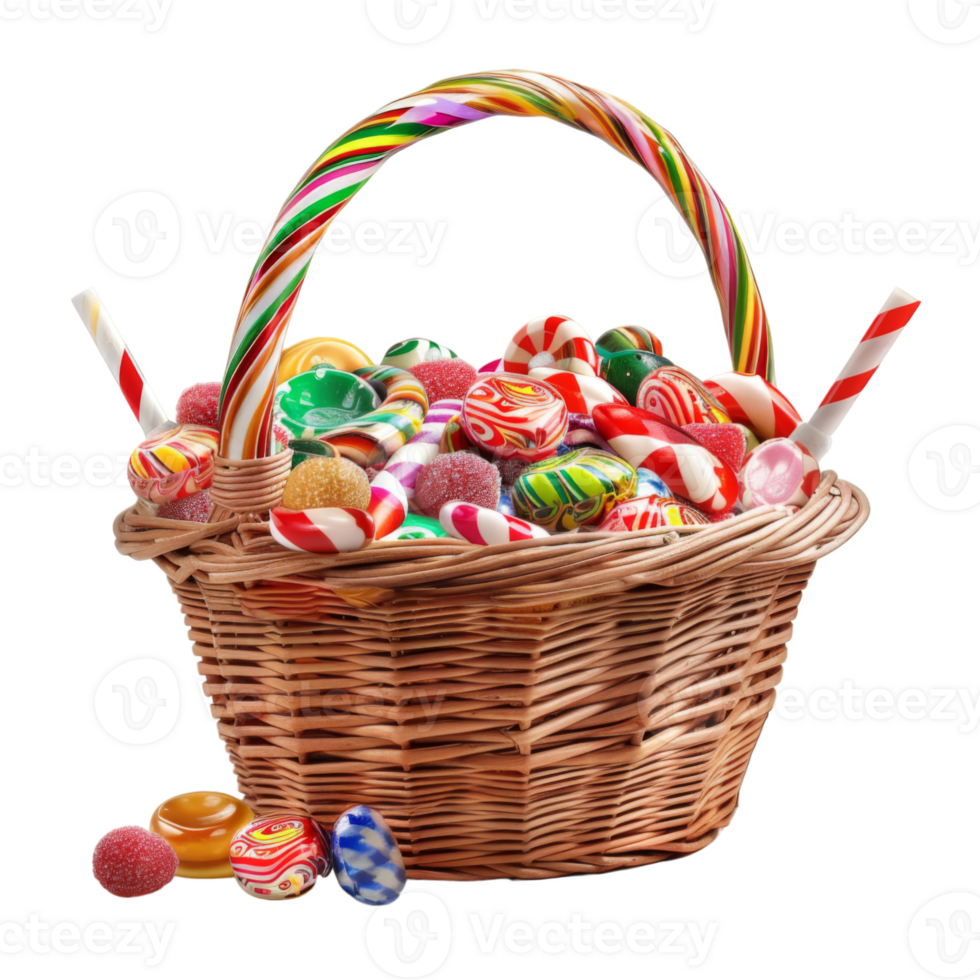A wicker basket overflowing with colorful candy and candy canes png