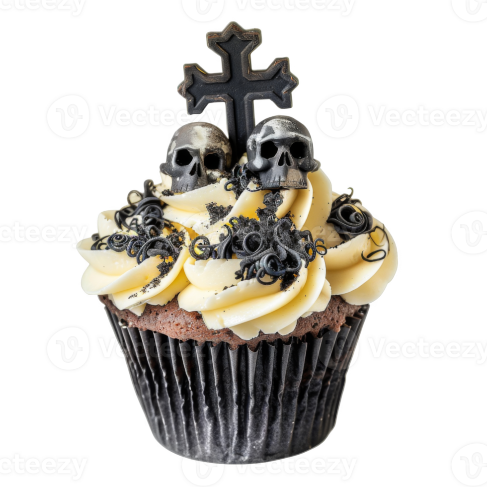 A Halloween Cupcake Decorated With Skulls, A Cross, And Black Icing png