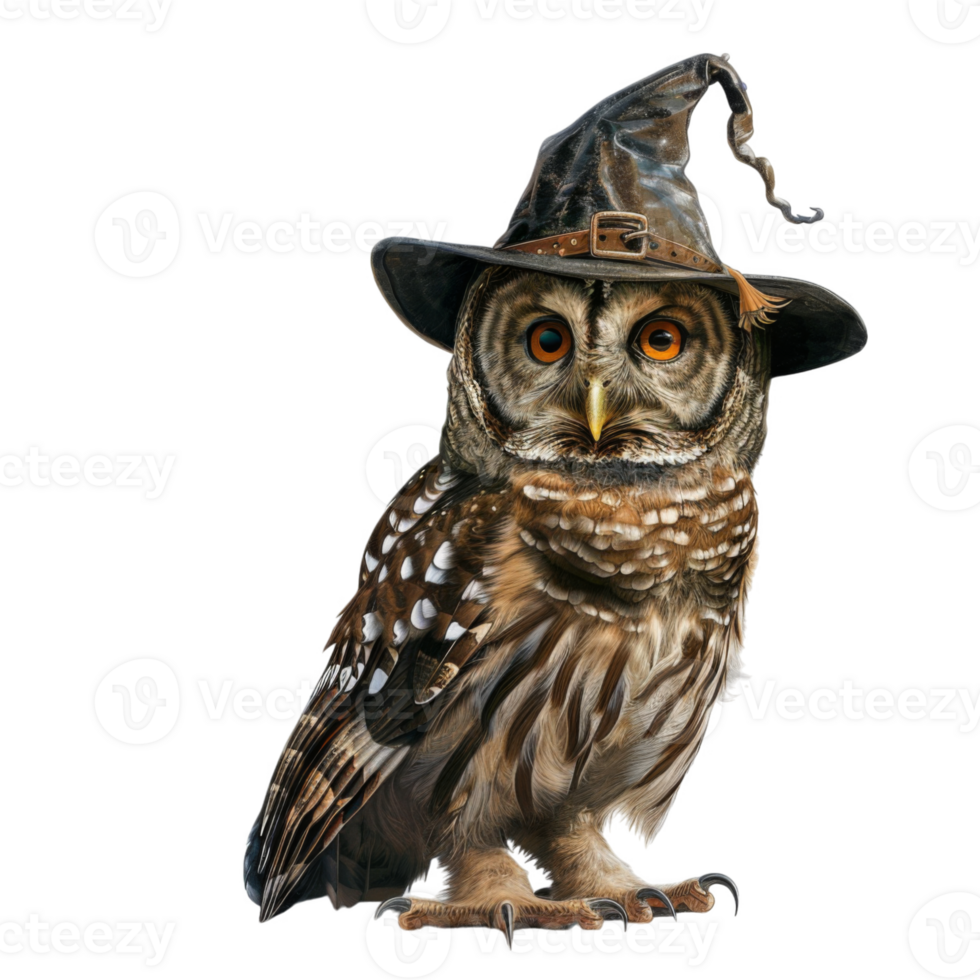 An owl wearing a pointed black witch's hat png
