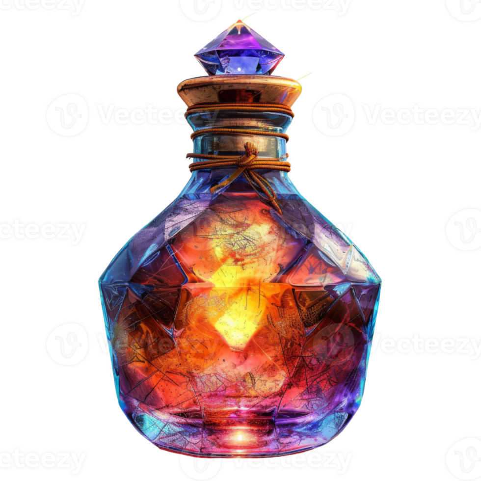 Crystal Bottle Containing a Glowing, Orange Liquid with a Diamond Stopper png