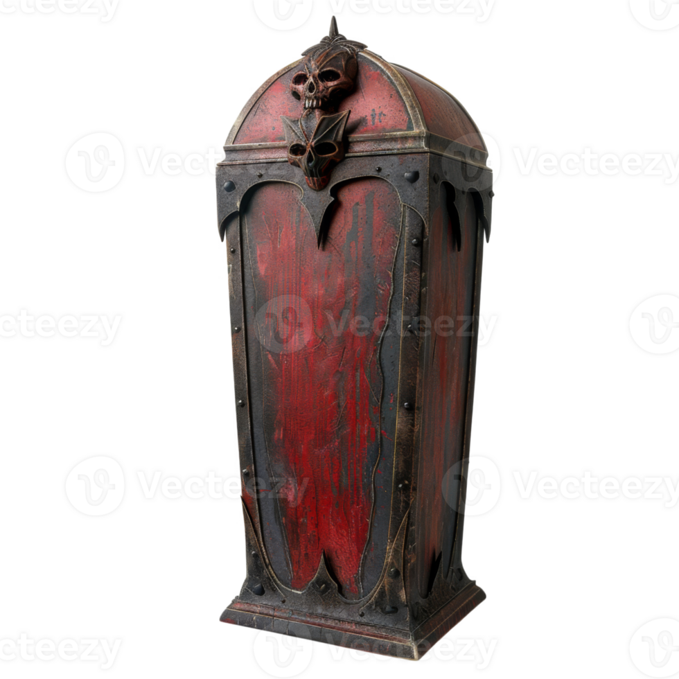 A Red and Black Coffin with Skull and Bat Decorations png