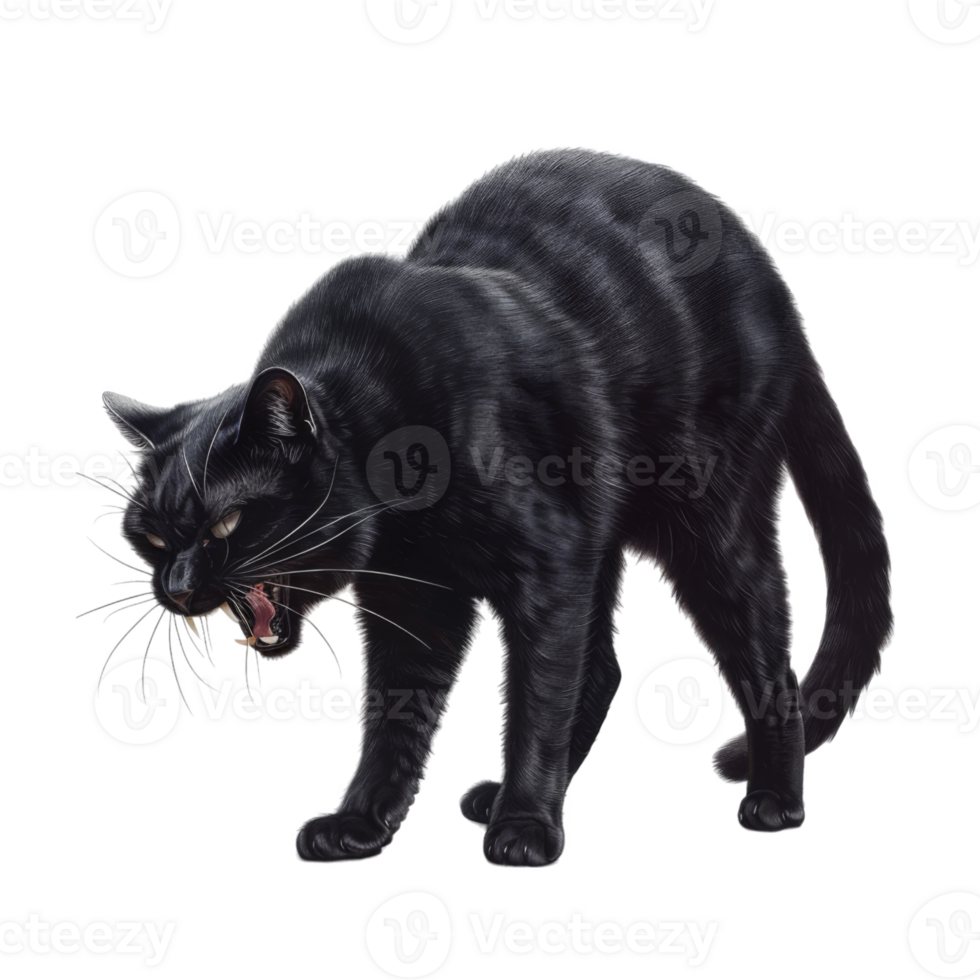 A Black Cat Growling with Its Mouth Open, Showing Teeth png