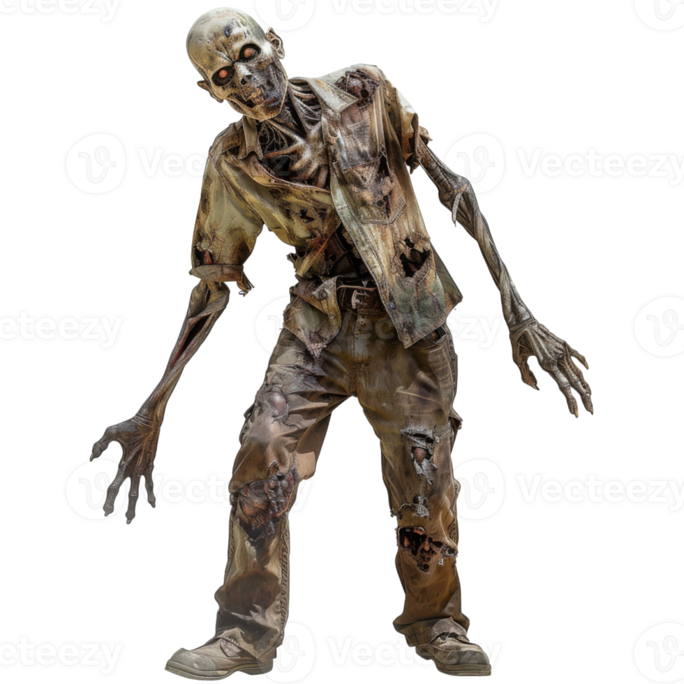 A decayed, skeletal zombie with torn clothing and exposed flesh, walking on a black background png