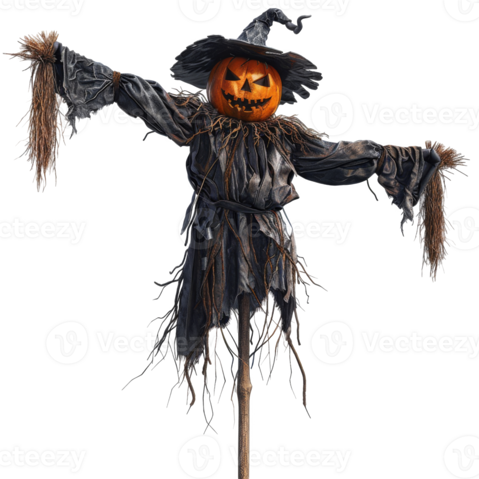 Halloween Scarecrow with Pumpkin Head and Witch Hat png