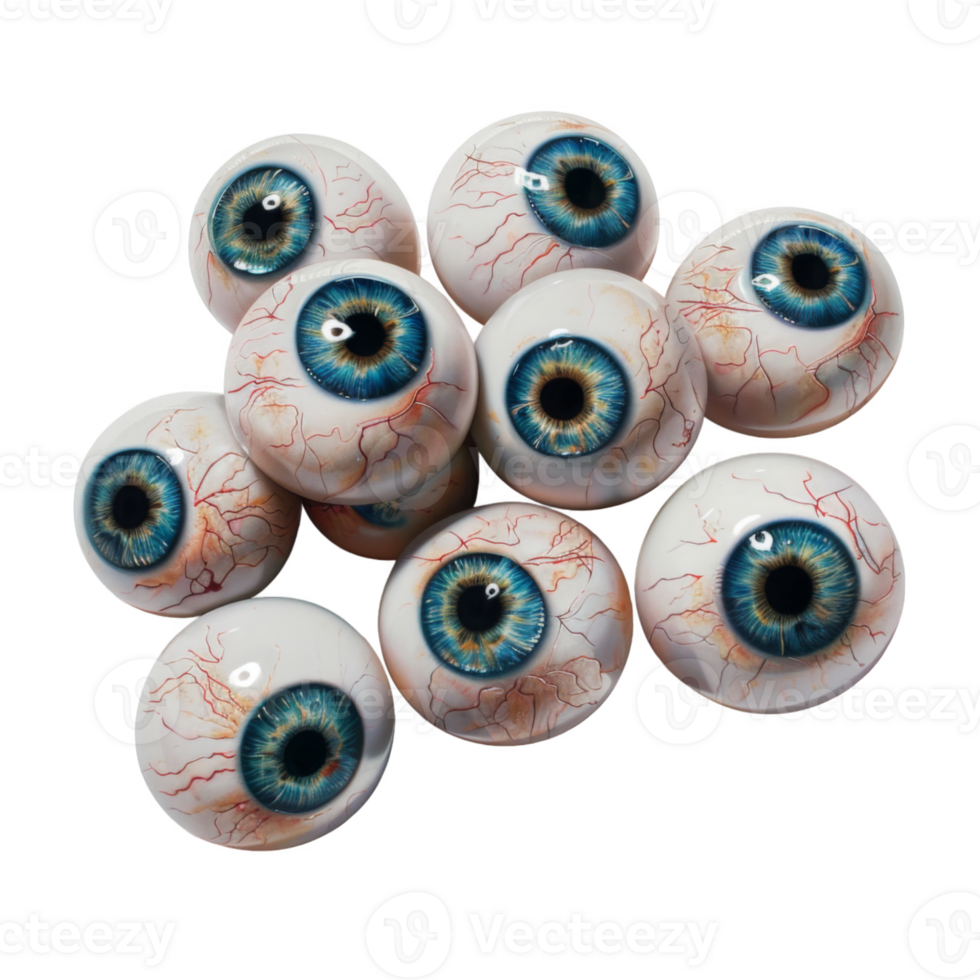 A group of realistic blue eyeballs with red veins png