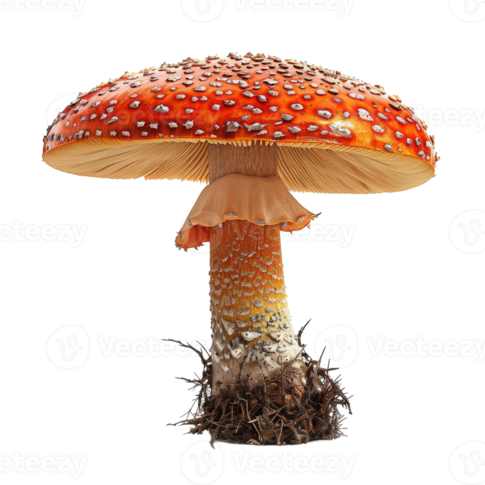 A Close-Up of a Red and White Spotted Mushroom with a Brown Stem png