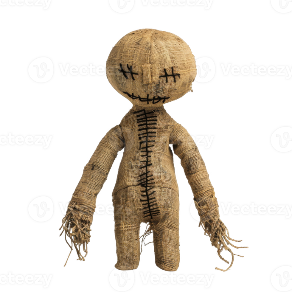 Stitched burlap doll with stitched eyes and mouth png