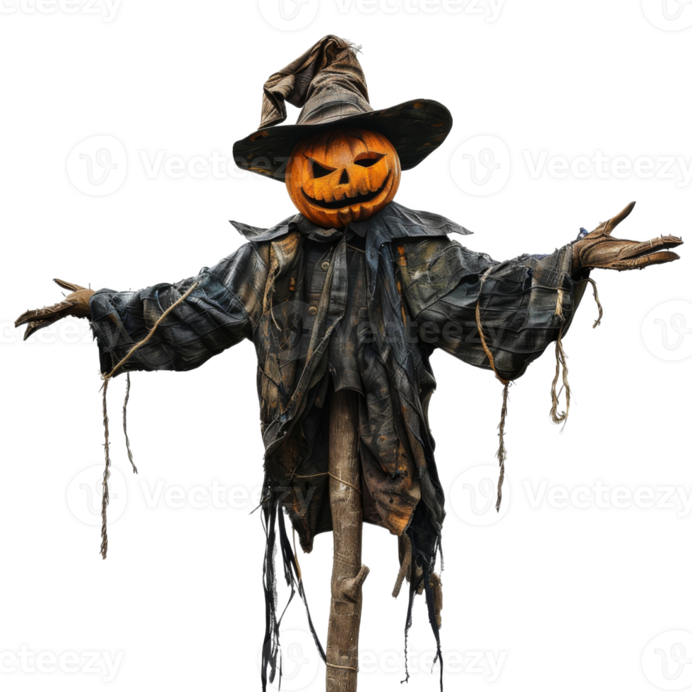 A Jack-o'-Lantern-Headed Scarecrow with a Worn Witch's Hat png