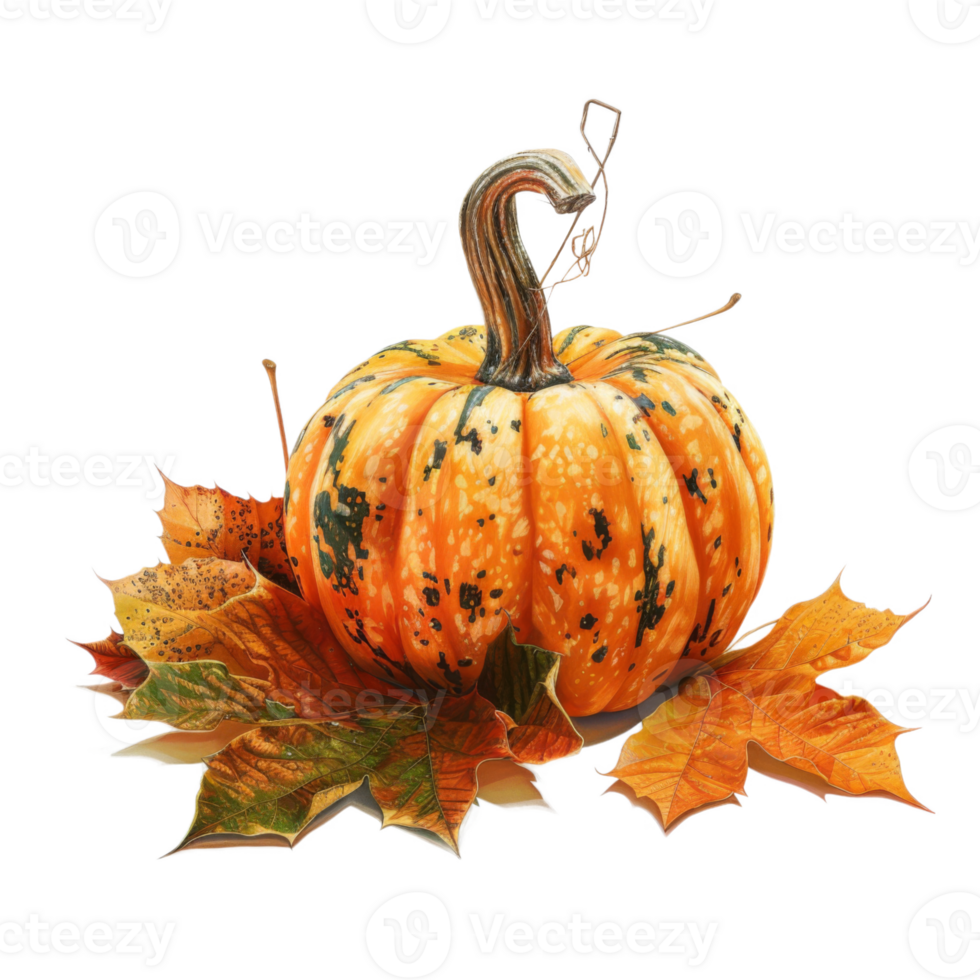 A speckled orange pumpkin with a long stem, surrounded by fall leaves png
