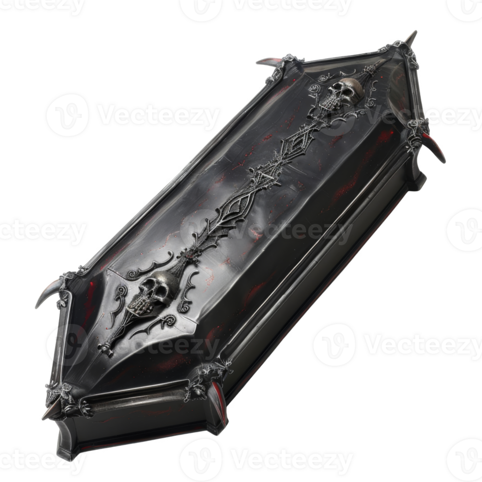 Ornate Black Coffin with Skull Motifs and Red Accents png