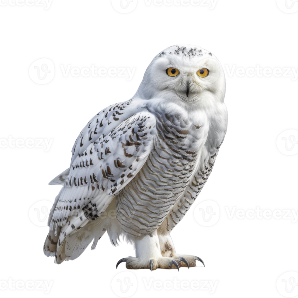 A snowy owl with yellow eyes and black markings against a black background png