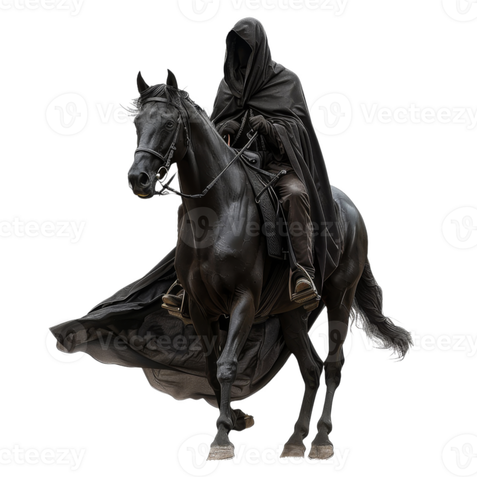 A cloaked figure riding a black horse with a flowing cape png