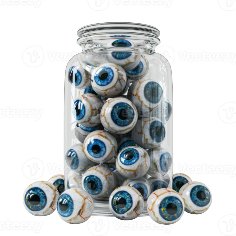 A glass jar filled with realistic blue eyes png