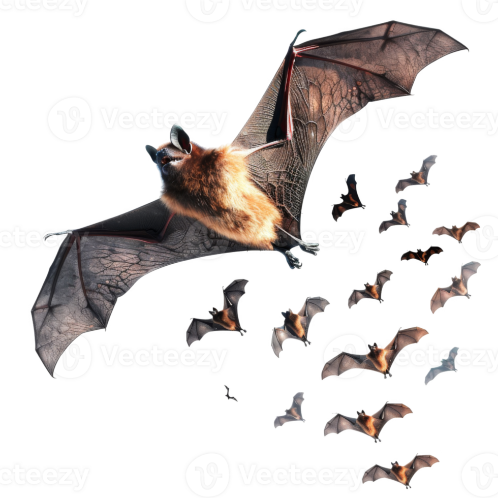 A large bat flying with a swarm of smaller bats png