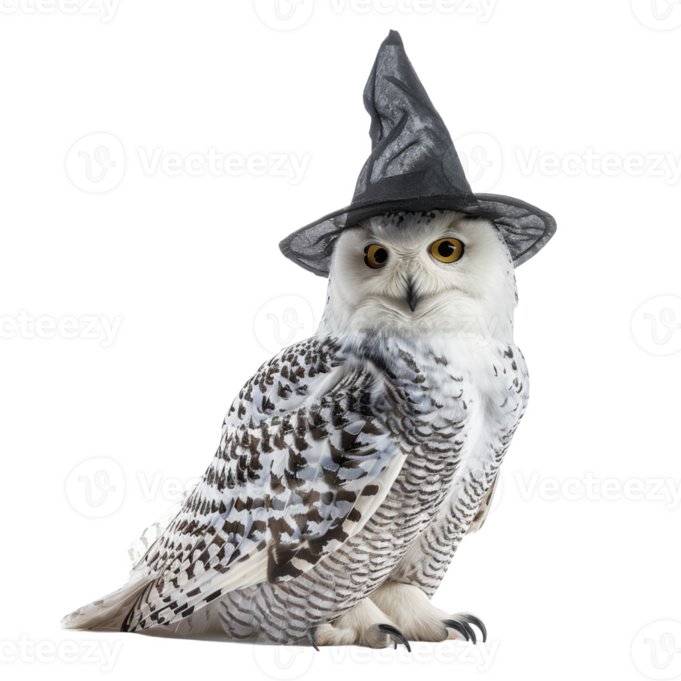 A Snowy Owl Wearing a Black Witch Hat png