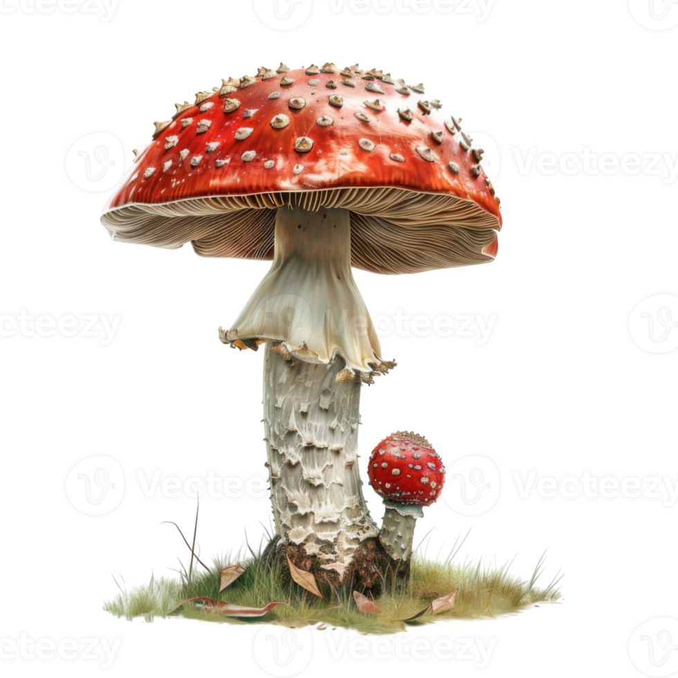 A Red and White Mushroom with White Spots and a Smaller Mushroom Beside it png