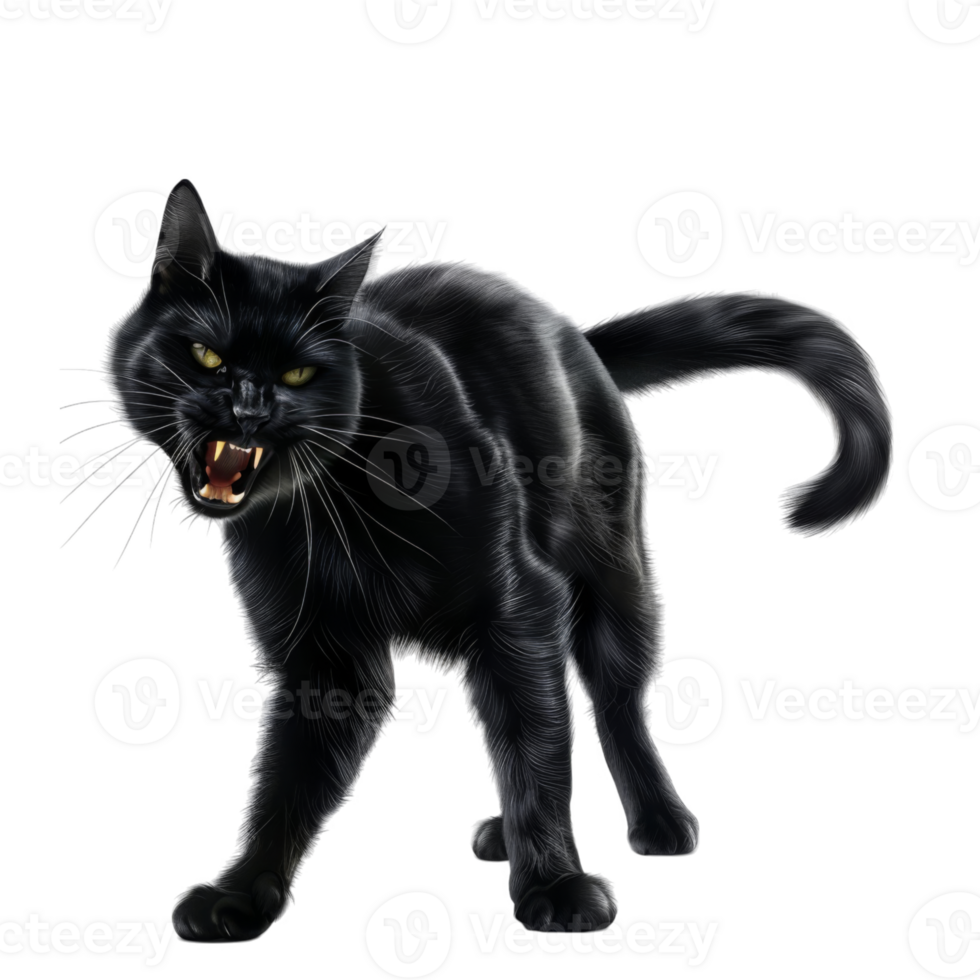 A Black Cat with Bared Teeth and Fur Standing on Black Background png