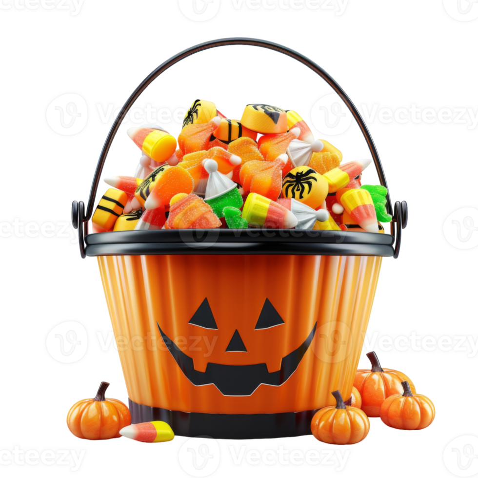 A Pumpkin-Shaped Bucket Filled with Halloween Candy png