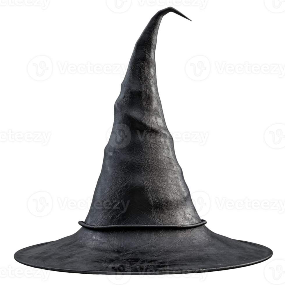 A Black Witch Hat with a Curved Brim and Tall, Pointed Crown png