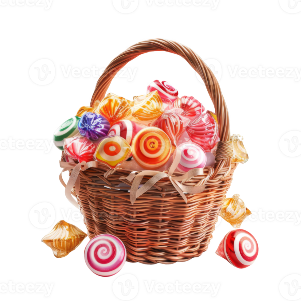 A wicker basket overflowing with colorful candies png
