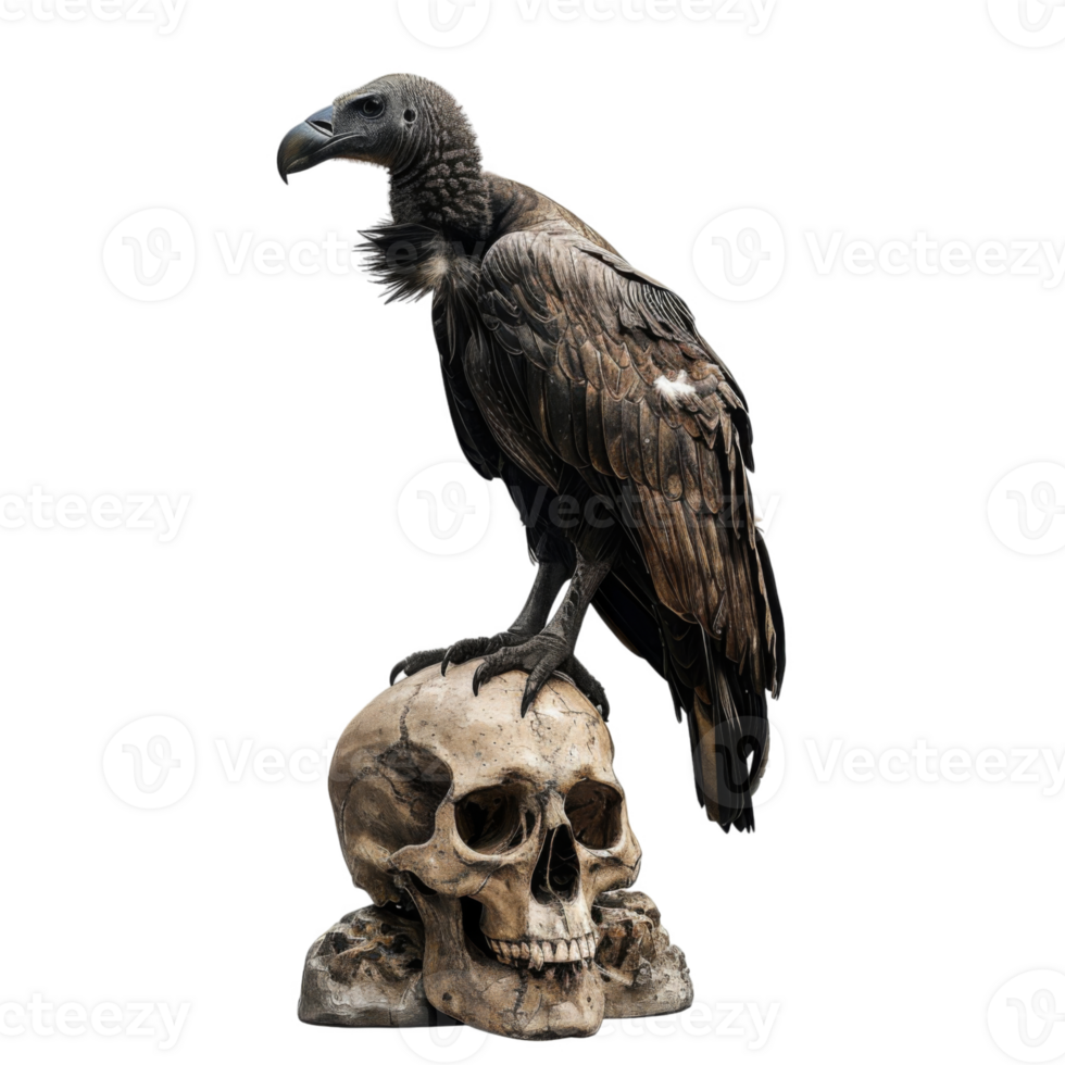 A Black Vulture Perched on a Human Skull png