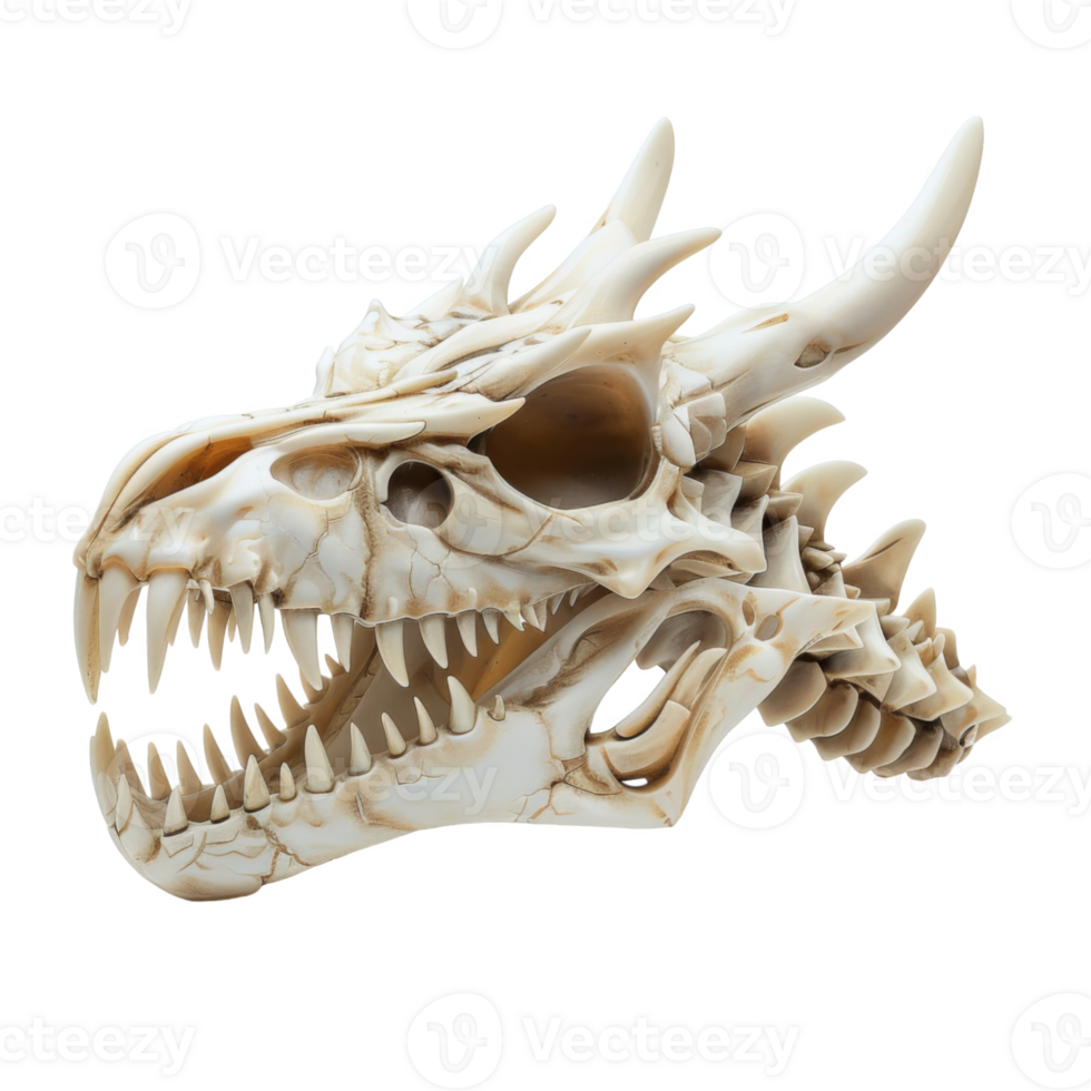 A Close-Up of a White Dragon Skull with Open Mouth and Visible Teeth png